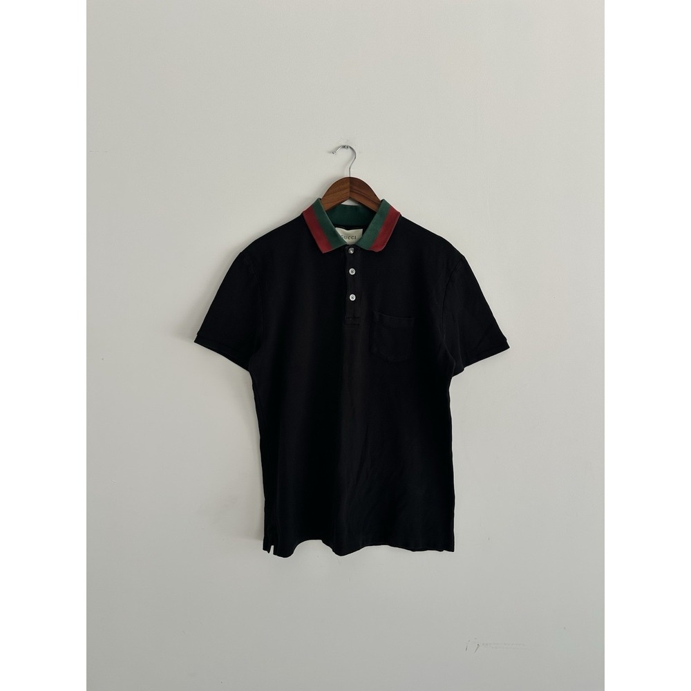 Gucci Polo Shirt Black Web Collar Size M Made In Italy Short Sleeve Pocket